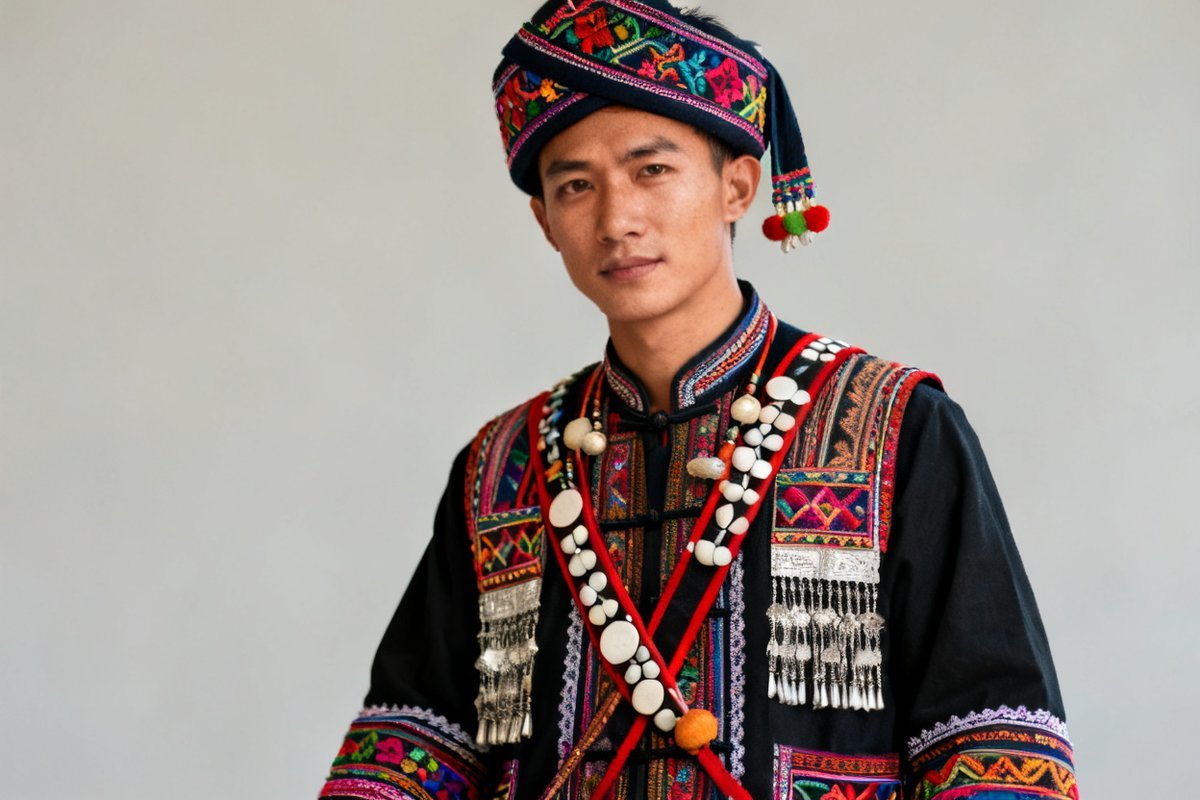 Derung male traditional clothing and headwear