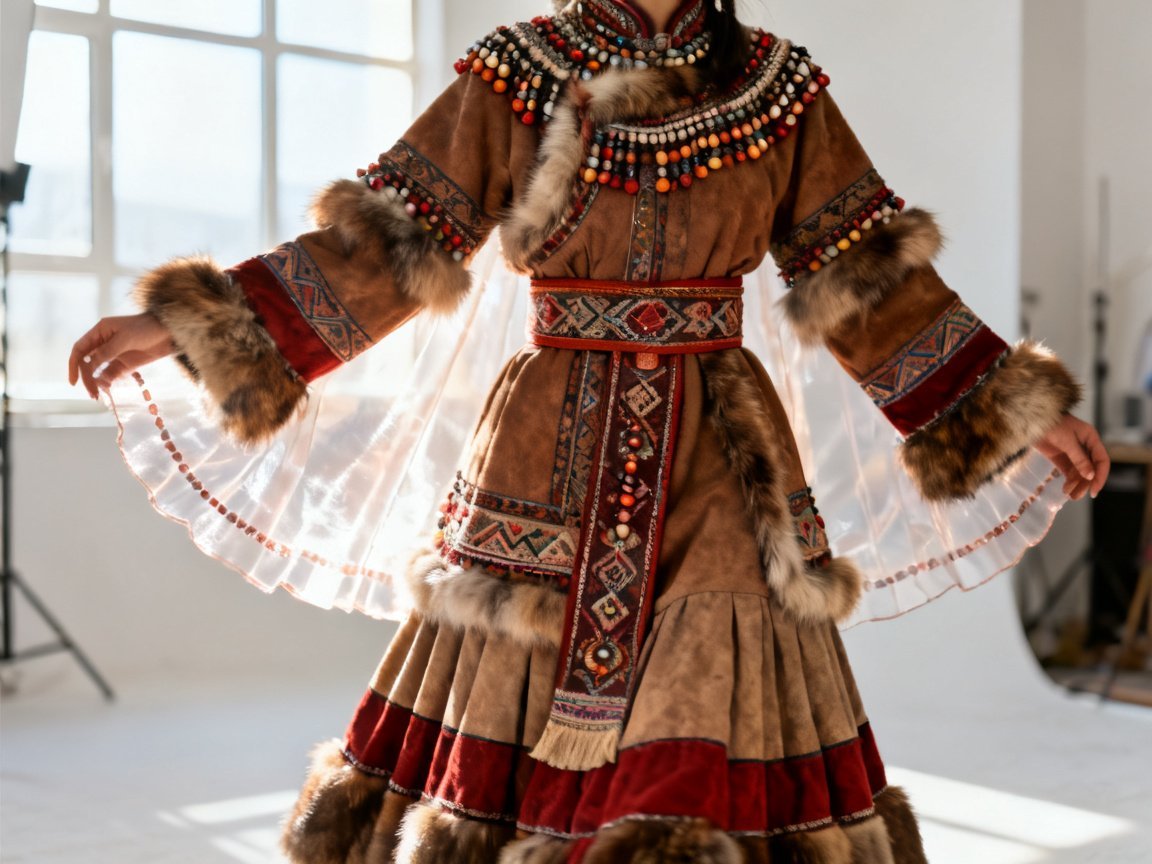 Evenki female traditional clothing and silver ornaments