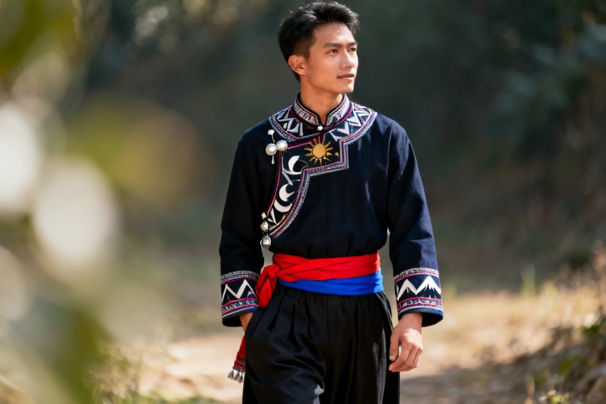 Jingpo male traditional clothing and headwear