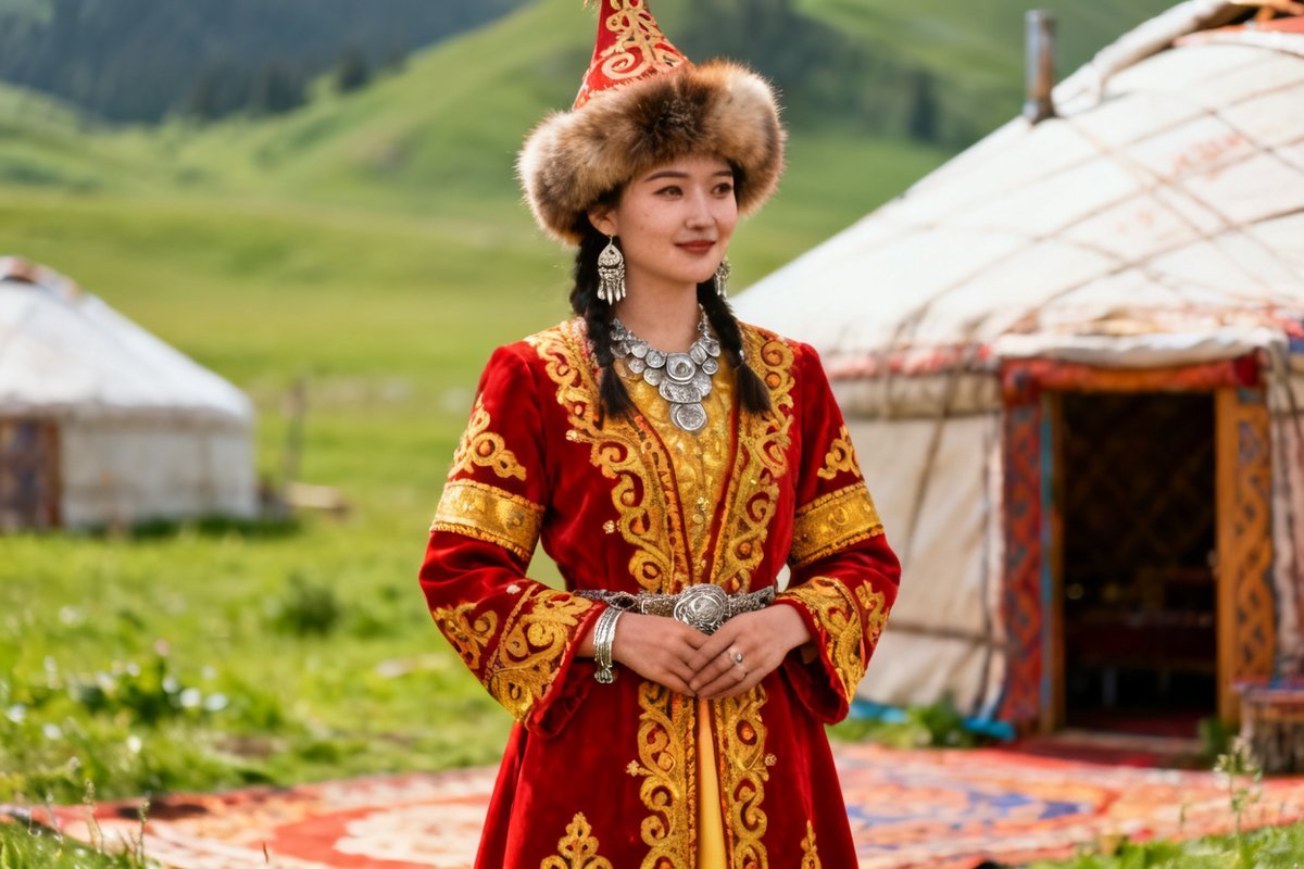 Kazakh female traditional clothing and silver ornaments