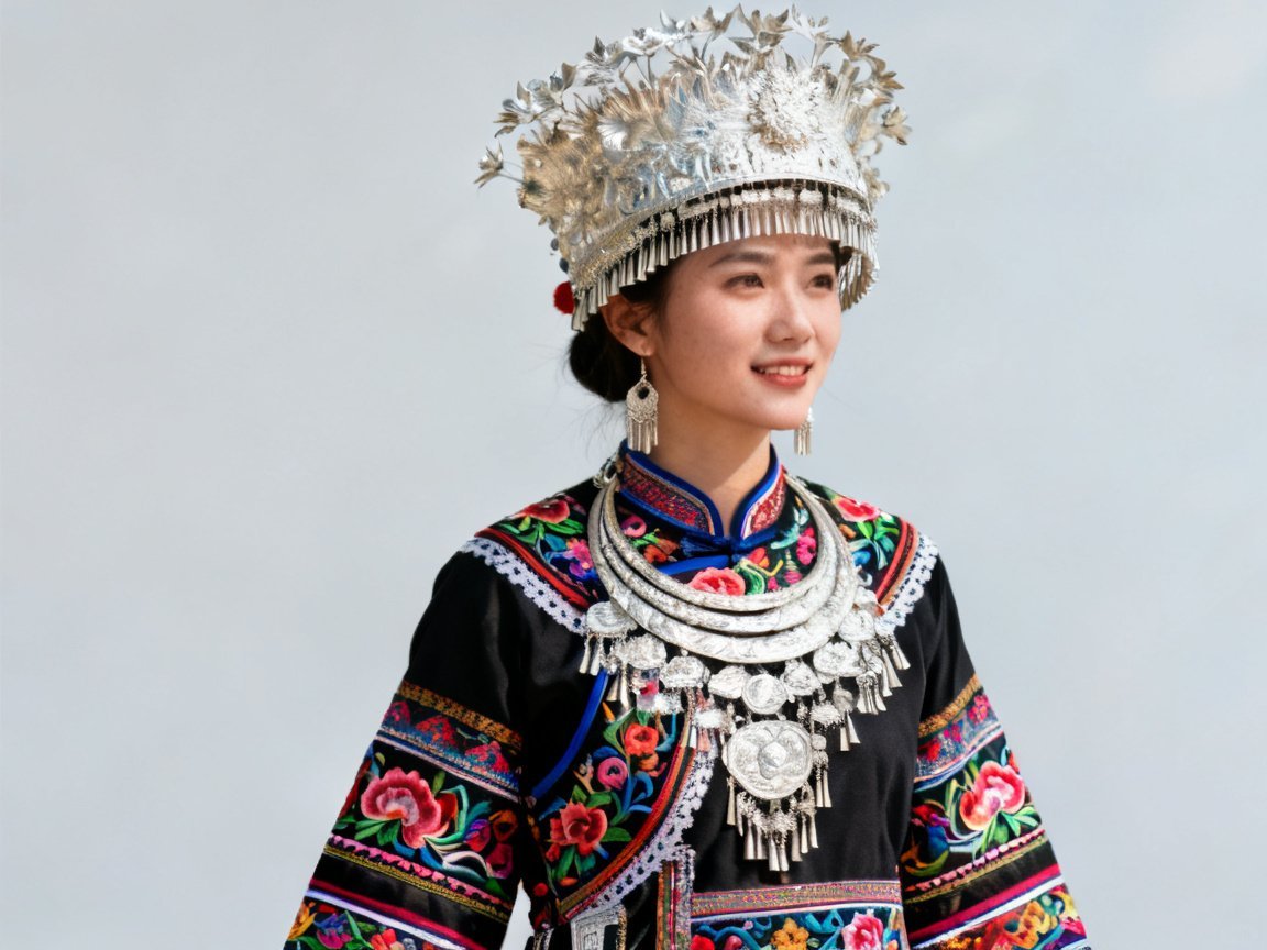 Lhoba female traditional clothing and silver ornaments