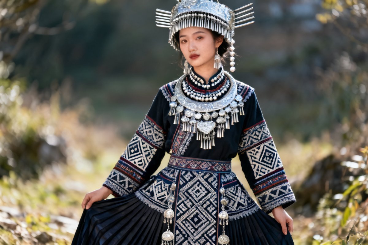 Miao female traditional clothing and silver ornaments