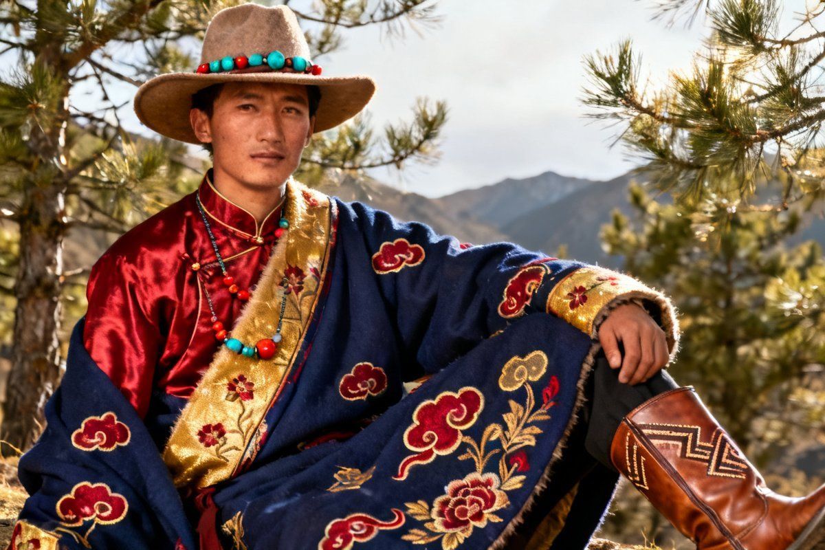 Monba male traditional clothing and headwear