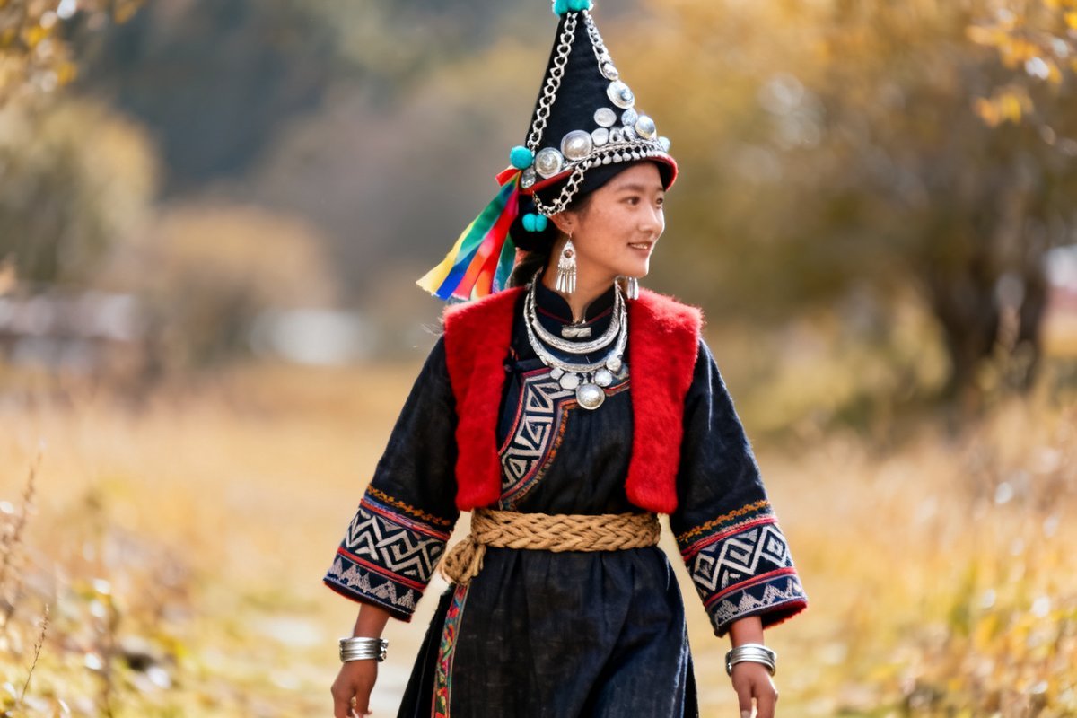 Qiang female traditional clothing and silver ornaments