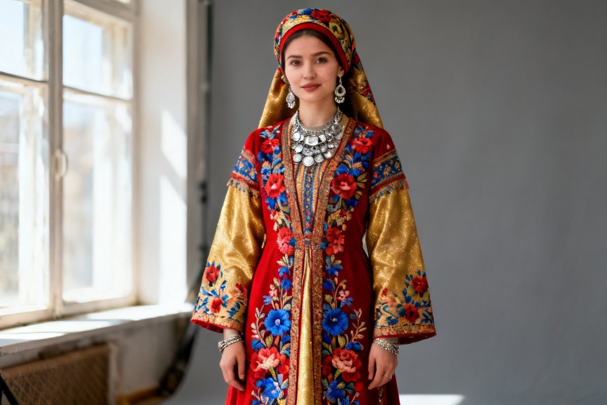 Tatar female traditional clothing and silver ornaments