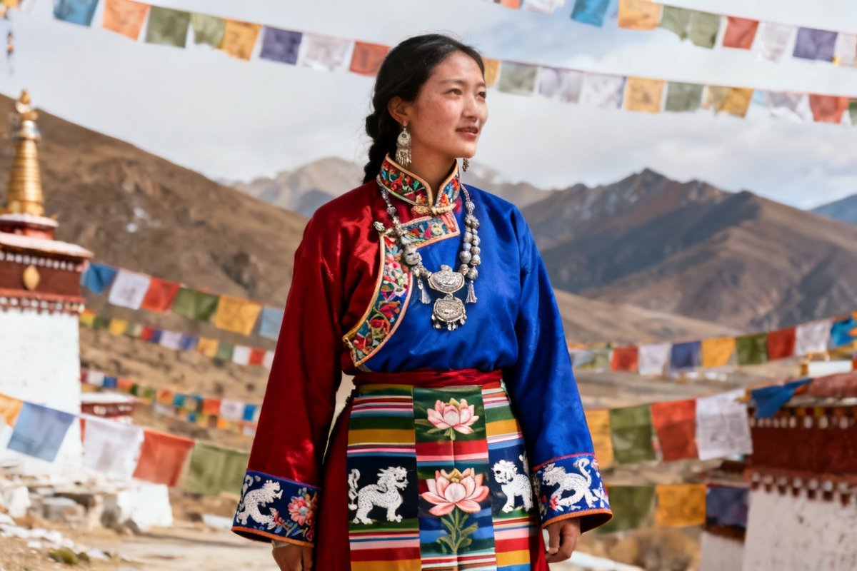 Tibetan female traditional clothing and silver ornaments