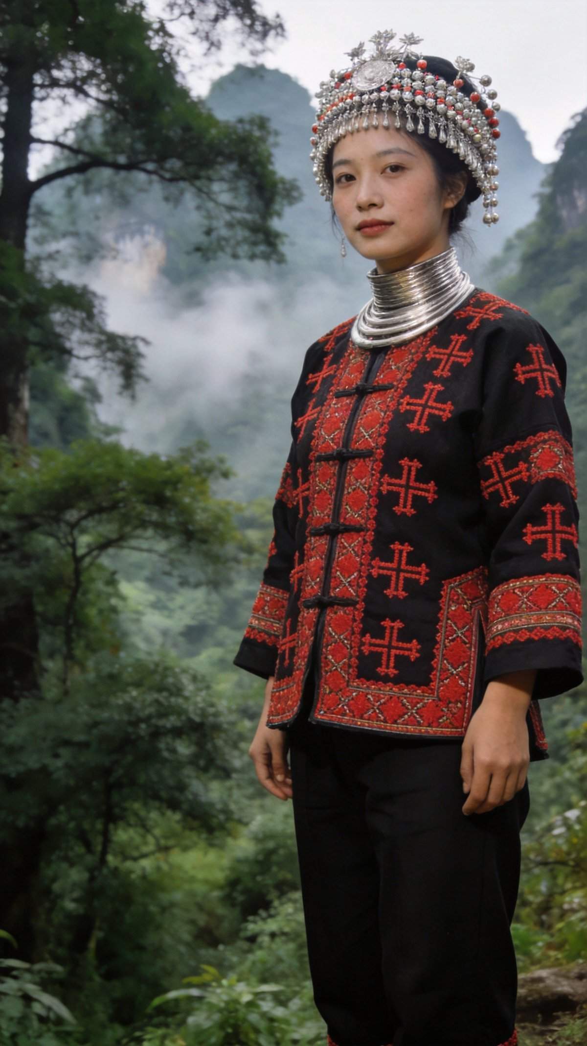 Yao female traditional clothing and silver ornaments